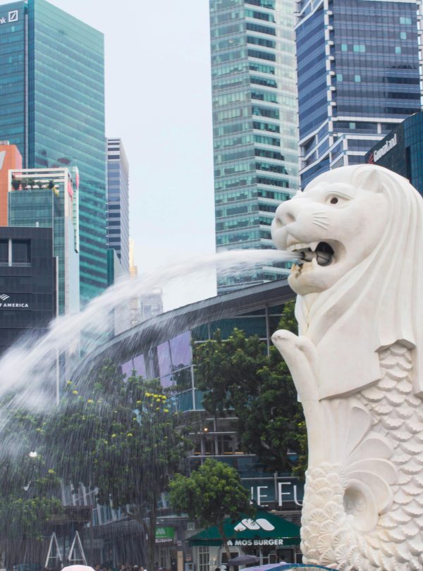 The Merlion statue with flowing water in front of Singapore's modern cityscape.